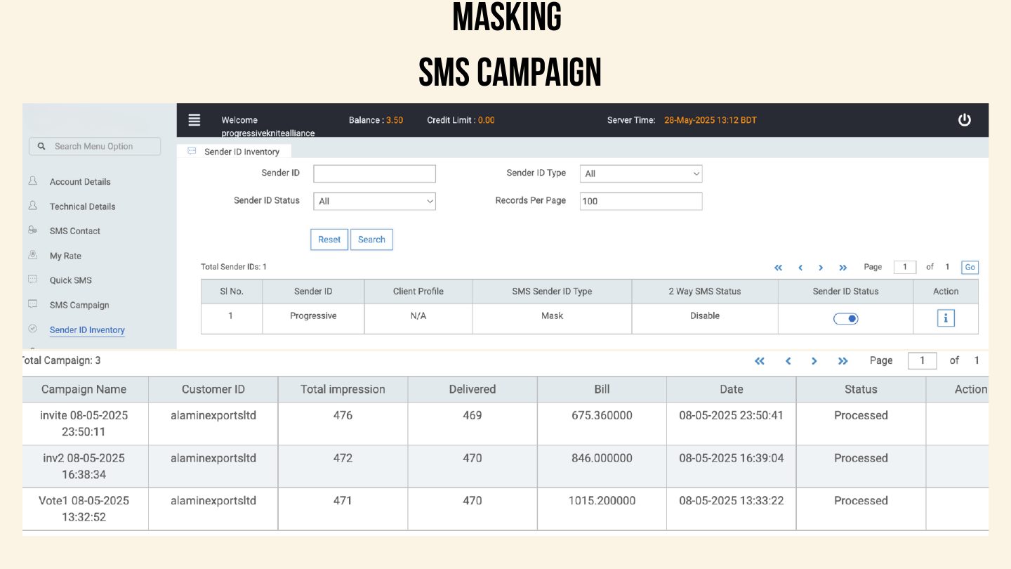 Masking SMS campaign screen showing a sender ID inventory and a campaign table