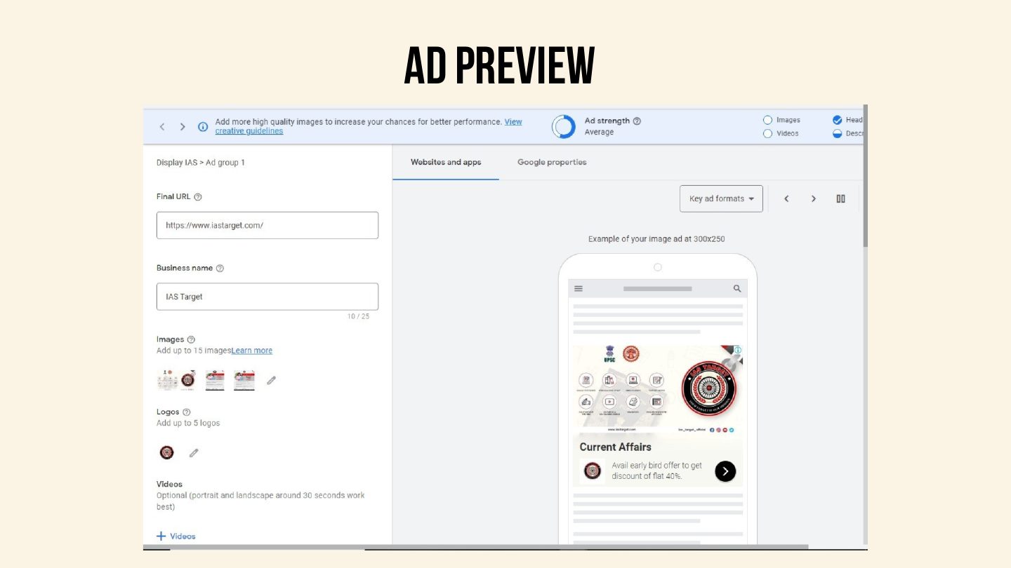 Google Ads display ad editor with a mobile preview of the IAS Target current affairs ad